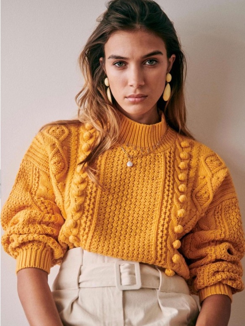 Sezane Amaury Cableknit Bobble Mustard Yellow High Neck Sweater Wool Blend